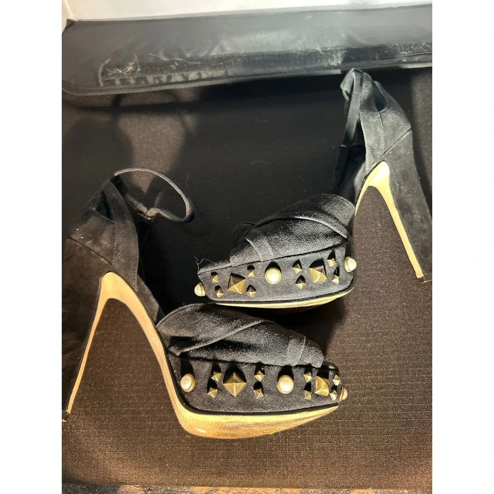 Guess Black Suede Studded Platform Heels Knot Peep Toe Ankle Strap‎ Pumps 8M